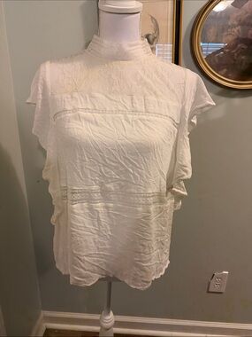 Express Cream Lace Yoke Flutter Sleeve Top